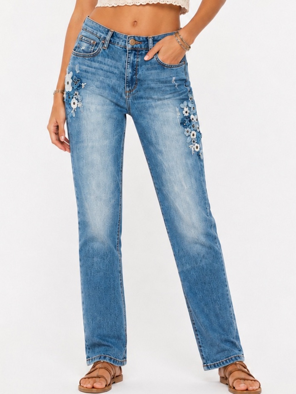 VINTAGE AMERICA BLUES Floral Embroidered Straight-Leg Jeans — LHP